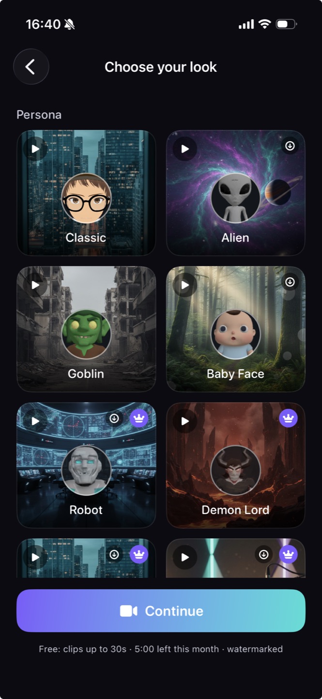 Persona picker showing avatar characters like Alien, Goblin, Robot and Demon Lord, each with its own background and voice
